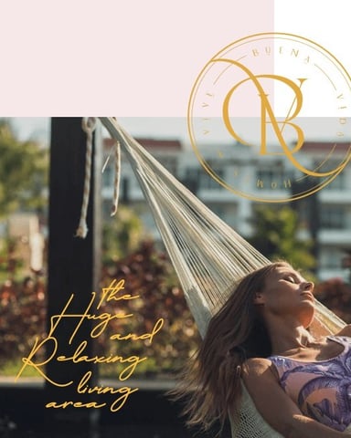 Woman relaxing in hammock on sunny balcony with city view and logo overlay